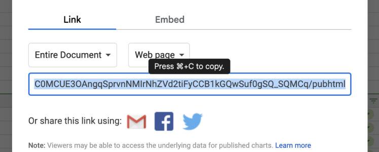Copy the URL of the published sheet